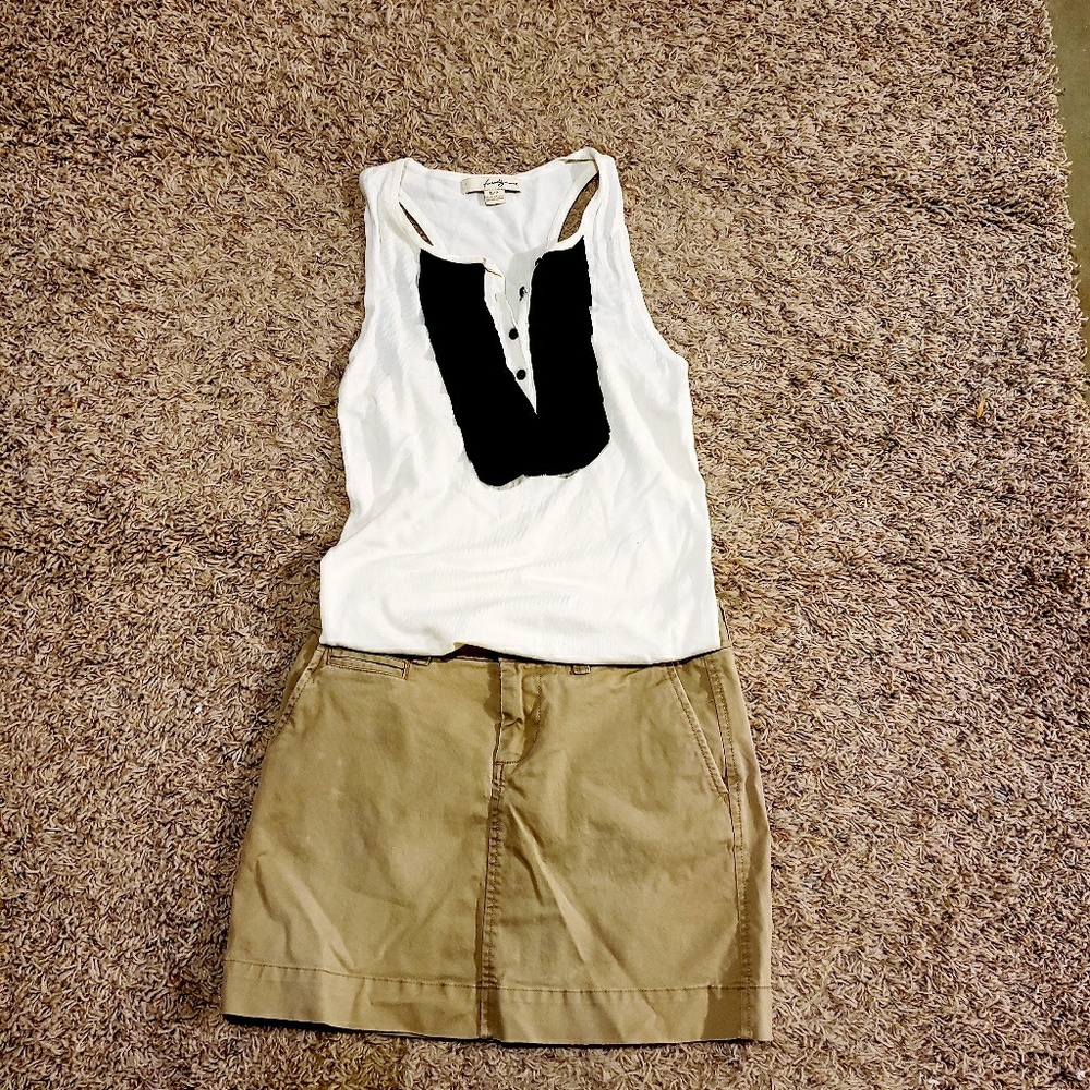 White ruffled top and khaki mini shirt
